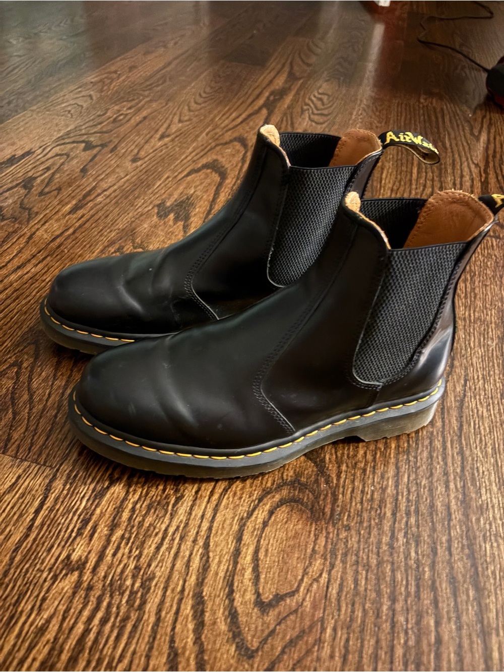 Dr. Martens Black Leather Chelsea Booties with Yellow Stitching